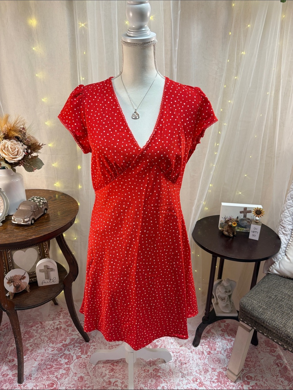 Red Polka Dot tie back waist Dress - Women